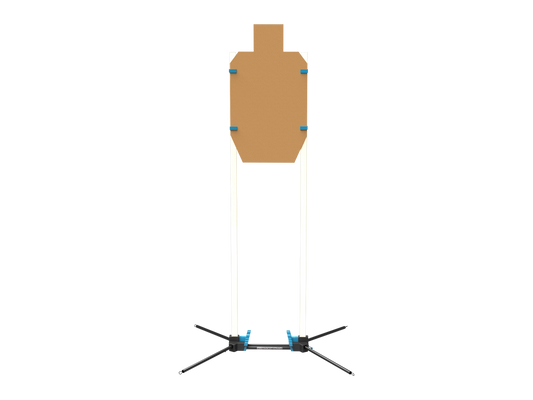 Nocturnal Defense X-13 Target Stand Deployed with 1x2 Uprights and 18-inch USPSA Cardboard Target Held by 4 X-13 Target Clips